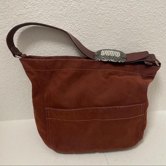 FOSSIL •Brushed Canvas/Wide Leather Strap Shoulder Bag with Rhinestone Buckle - Picture 6 of 12